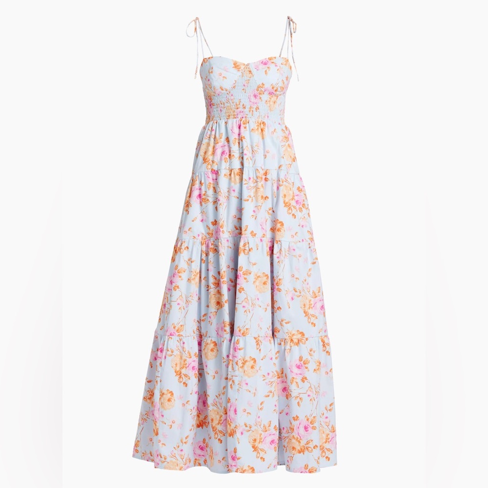WAYF Rachelle Floral Tiered Maxi Dress Sweetheart Bodice Size L Blue Pink Yellow